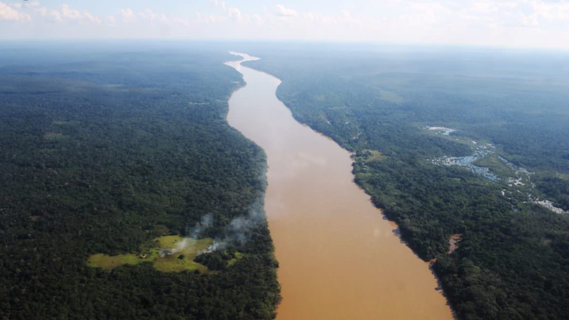Brown waters of the Amazon river from above