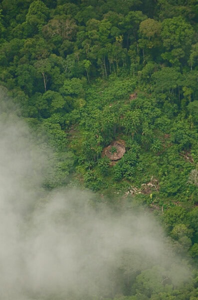 Isolated indigenous peoples long house aerial view in the Colombian Amazon