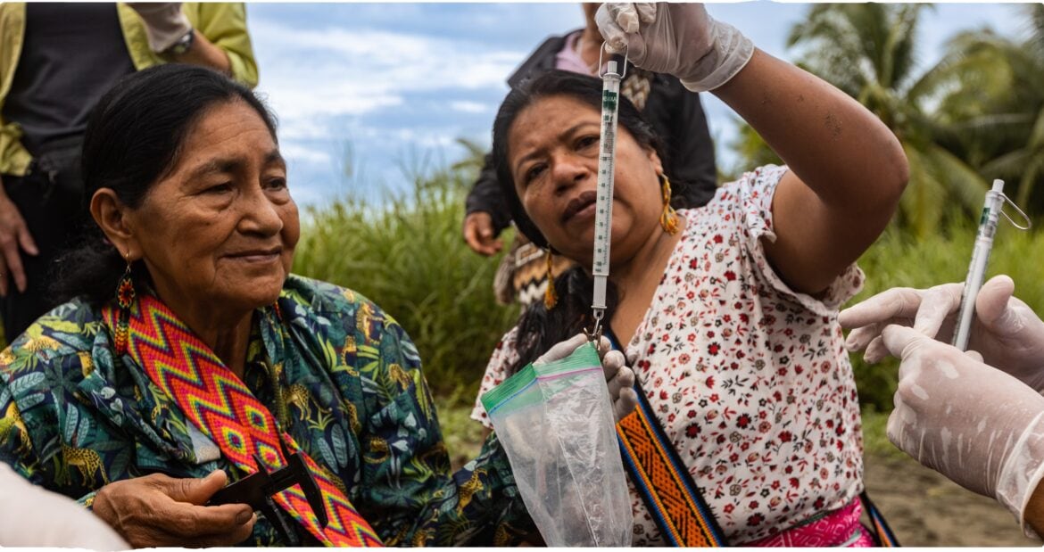 Community leaders from the Putumayo region of Colombia learn how to take biometric data from sea turtle hatchlings near Ancestral Tides’ headquarters in Costa Rica.