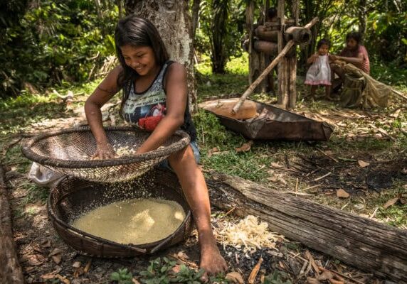 December 4, 2017. Barikada, Resguardo Curare Los Ingleses, Amazon.  Daisy Yamile Mejia (25), from the indigenous community of Barikada, sieves Cassava to make Farina, a traditional food of the region. Photo Credit: Juan Arredondo for Scientific American.