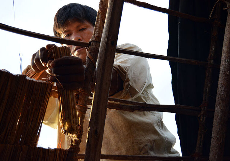 Waura man thatching his maloca with Sape grass