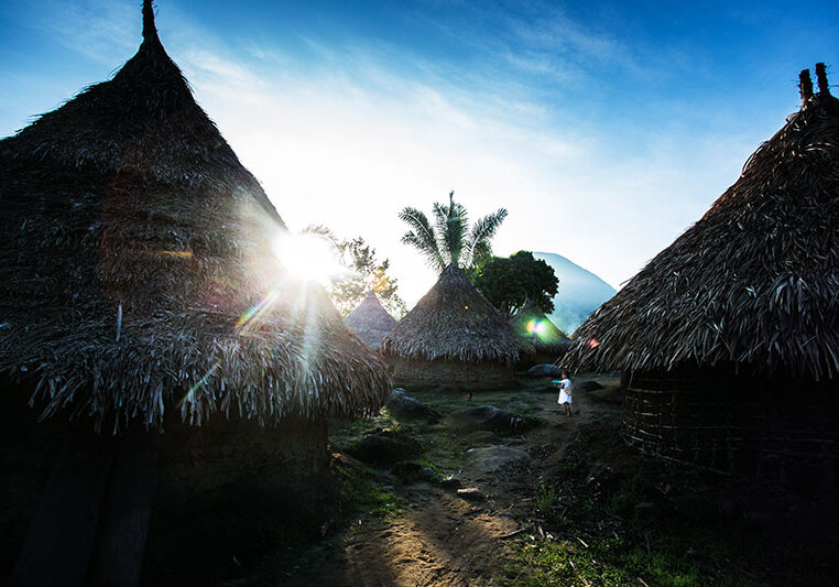 Sun rising over Kogi homes in the Sierra Nevada de Santa Marta